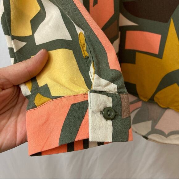 ❤️5/$25 SALE Big Dart Brown Orange Yellow Abstract Button Long Sleeve Blouse Top - Picture 5 of 9